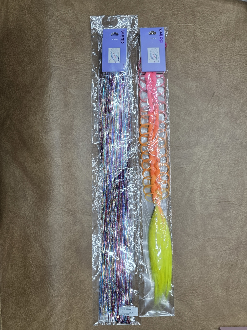 Claire's Neon Pink & Yellow Braided Hair Extension with Multi-Color Tinsel